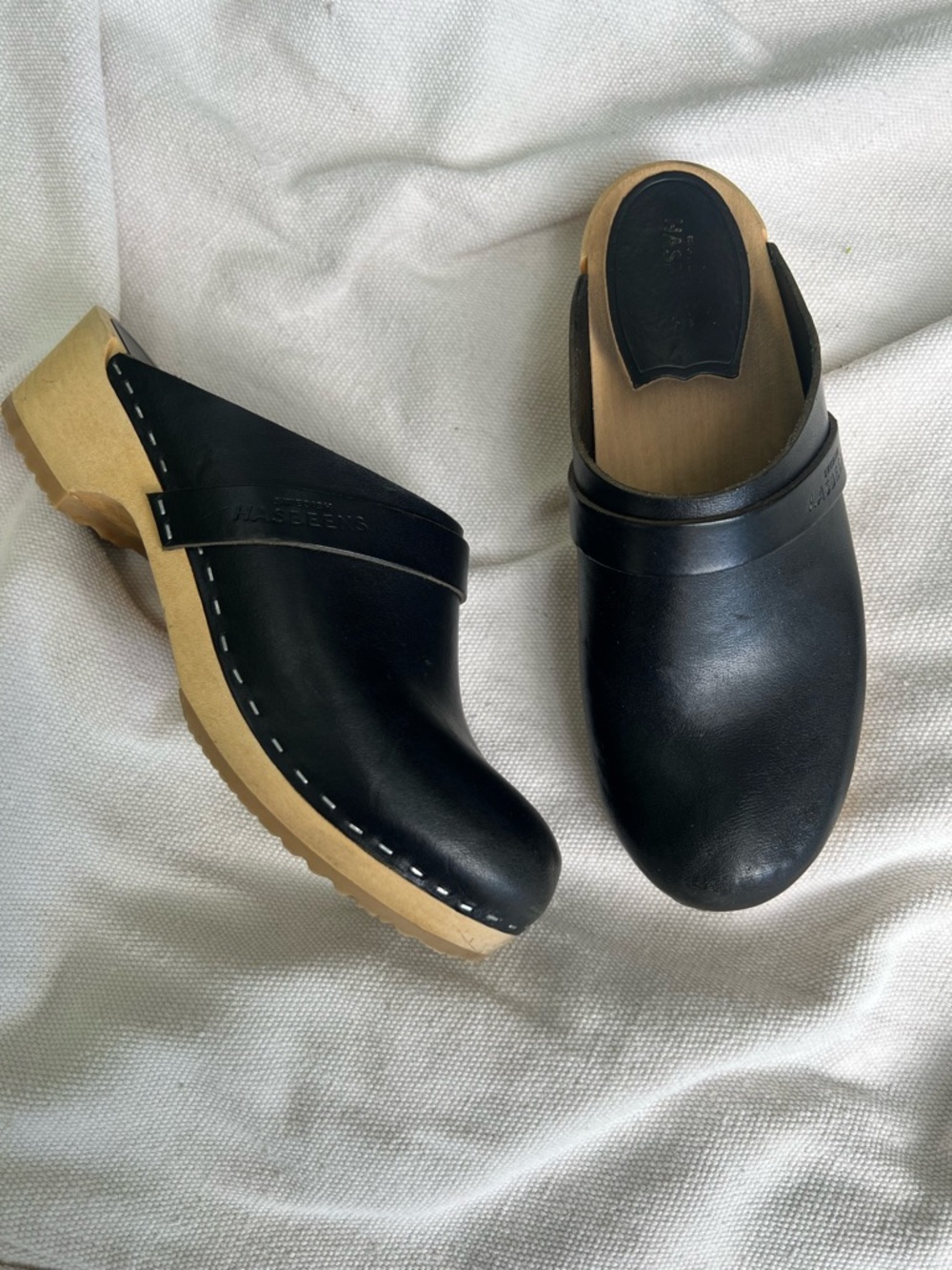 Swedish Hasbeens Black Leather Clog Mules with Natural Wood Sole